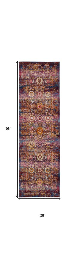 Homeroots 8' Floral Distressed Runner Rug - Blue, Yellow & Red Stain Resistant, Durable For Kids & Pets  Polypropylene 553339