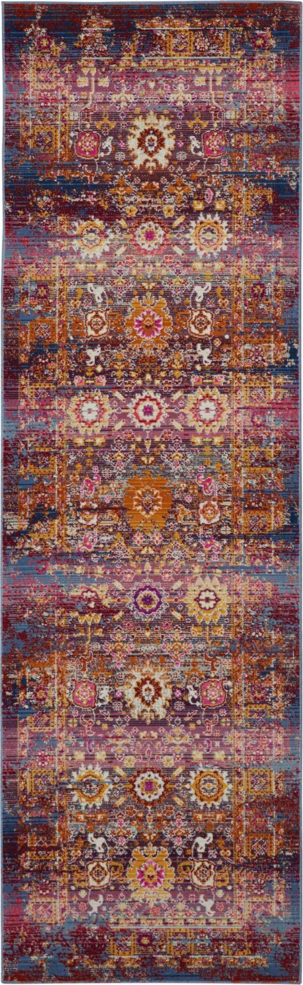 Homeroots 8' Floral Distressed Runner Rug - Blue, Yellow & Red Stain Resistant, Durable For Kids & Pets  Polypropylene 553339