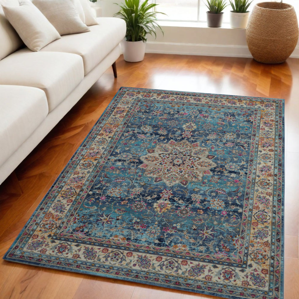 Homeroots 5' Blue And Beige Floral Distressed Area Rug – Stain Resistant, Durable, Perfect For Family Spaces  Polypropylene 553340