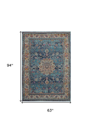 Homeroots 5' Blue And Beige Floral Distressed Area Rug – Stain Resistant, Durable, Perfect For Family Spaces  Polypropylene 553340