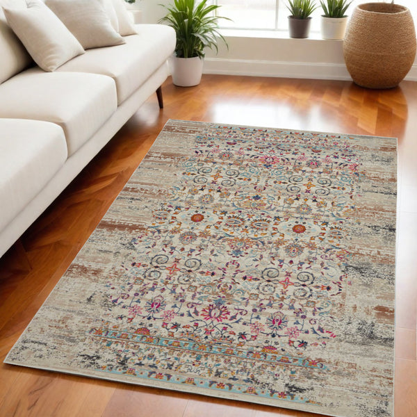 Homeroots 5' X 8' Distressed Ivory And Brown Floral Area Rug - Durable, Stain-resistant, Ideal For Kids & Pets  Polypropylene 553342
