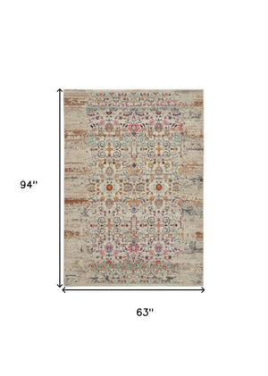 Homeroots 5' X 8' Distressed Ivory And Brown Floral Area Rug - Durable, Stain-resistant, Ideal For Kids & Pets  Polypropylene 553342