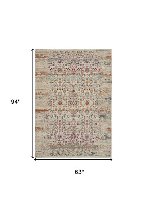 Homeroots 5' X 8' Distressed Ivory And Brown Floral Area Rug - Durable, Stain-resistant, Ideal For Kids & Pets  Polypropylene 553342