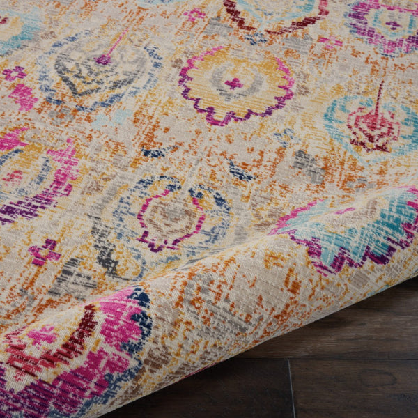 Homeroots 5' Ivory Pink And Orange Floral Distressed Area Rug - Durable, Stain Resistant, Perfect For Kids & Pets  Polypropylene 553343