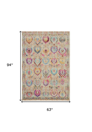 Homeroots 5' Ivory Pink And Orange Floral Distressed Area Rug - Durable, Stain Resistant, Perfect For Kids & Pets  Polypropylene 553343