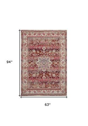 Homeroots 5' X 8' Ivory And Red Floral Distressed Area Rug - Durable, Stain Resistant, Perfect For Any Room  Polypropylene 553345