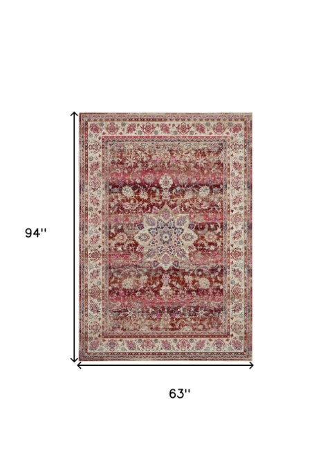 Homeroots 5' X 8' Ivory And Red Floral Distressed Area Rug - Durable, Stain Resistant, Perfect For Any Room  Polypropylene 553345