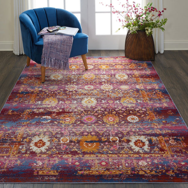 HomeRoots 8' Vibrant Floral Distressed Area Rug in Blue, Yellow, and Red – Durable, Non-Skid, Easy Care Decor 5' X 8' 553346