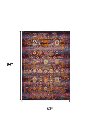Homeroots 5' Blue, Yellow & Red Floral Distressed Non-skid Area Rug - Durable, Stain-resistant, Stylish Decor!  Polypropylene 553346