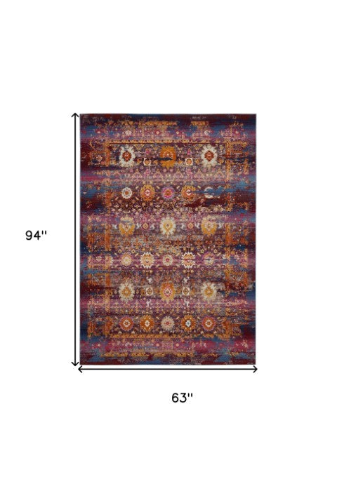 Homeroots 5' Blue, Yellow & Red Floral Distressed Non-skid Area Rug - Durable, Stain-resistant, Stylish Decor!  Polypropylene 553346