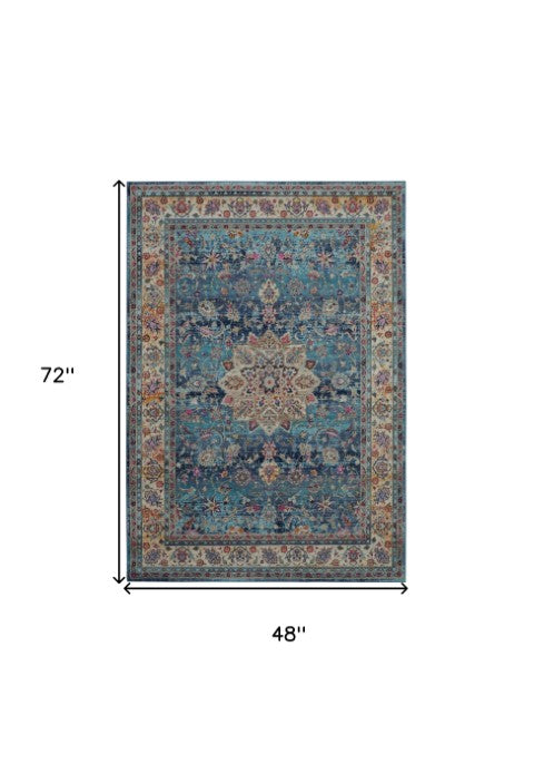 Homeroots 4' Blue And Beige Floral Distressed Area Rug – Stain Resistant, Durable, Perfect For Kids & Pets! 4' X 6' Polypropylene 553360