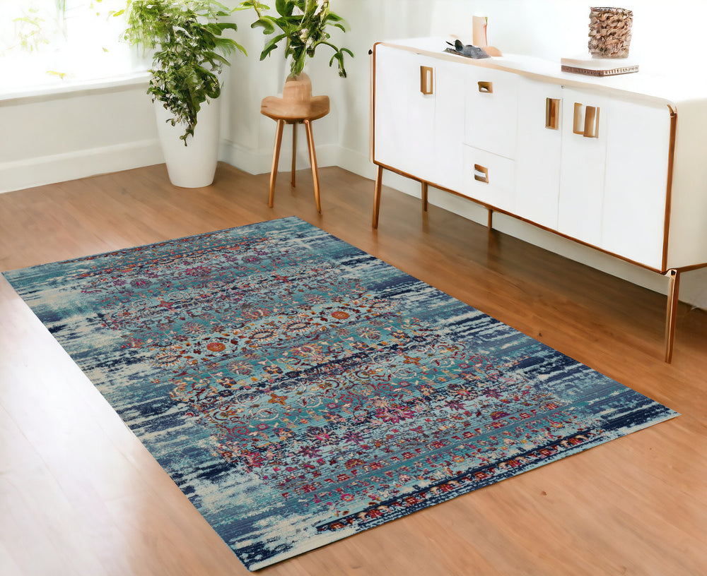 Homeroots 4' X 6' Stain-resistant Blue, Red & Orange Floral Distressed Area Rug For Kids & Pets’ Spaces  Polypropylene 553361