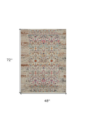 Homeroots 4' X 6' Ivory And Brown Floral Distressed Area Rug – Stain Resistant, Durable, Perfect For Any Space  Polypropylene 553362