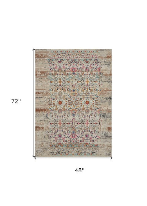 Homeroots 4' X 6' Ivory And Brown Floral Distressed Area Rug – Stain Resistant, Durable, Perfect For Any Space  Polypropylene 553362