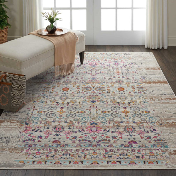 Homeroots 4' X 6' Ivory And Brown Floral Distressed Area Rug – Stain Resistant, Durable, Perfect For Any Space  Polypropylene 553362