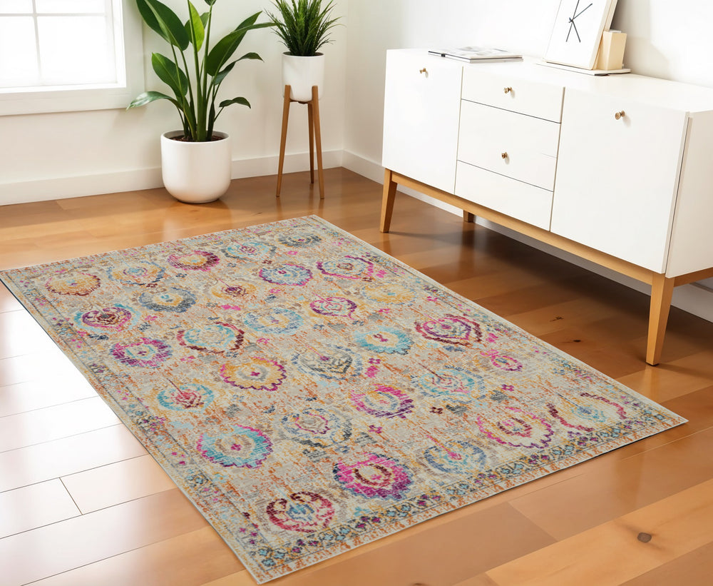 Homeroots 4' X 6' Ivory Pink & Orange Floral Distressed Area Rug - Durable, Stain Resistant For Home Elegance  Polypropylene 553363