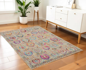 Homeroots 4' X 6' Ivory Pink & Orange Floral Distressed Area Rug - Durable, Stain Resistant For Home Elegance  Polypropylene 553363