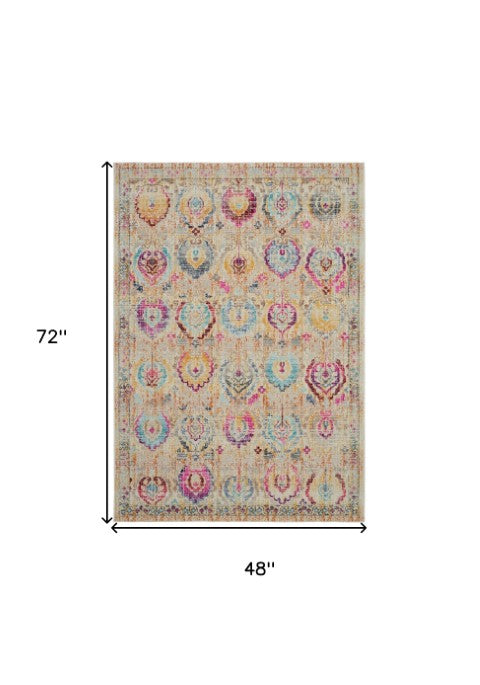 Homeroots 4' X 6' Ivory Pink & Orange Floral Distressed Area Rug - Durable, Stain Resistant For Home Elegance  Polypropylene 553363