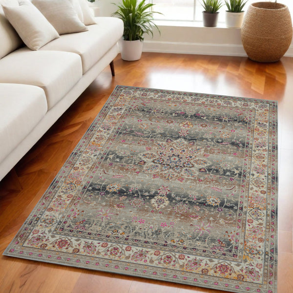 Homeroots 4' X 6' Floral Distressed Area Rug In Ivory, Brown & Gray - Durable, Stain-resistant Design For Any Space  Polypropylene 553364