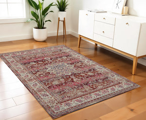 Homeroots 4' X 6' Ivory & Red Floral Distressed Area Rug - Durable, Stain-resistant, Perfect For Any Room!  Polypropylene 553365