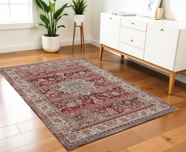Homeroots 4' X 6' Ivory & Red Floral Distressed Area Rug - Durable, Stain-resistant, Perfect For Any Room!  Polypropylene 553365
