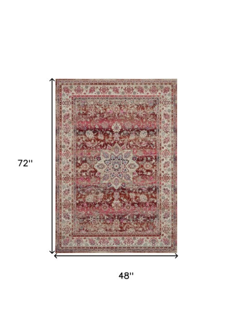 Homeroots 4' X 6' Ivory & Red Floral Distressed Area Rug - Durable, Stain-resistant, Perfect For Any Room!  Polypropylene 553365