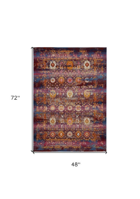 Homeroots 4' X 6' Stylish Blue, Yellow & Red Floral Distressed Area Rug - Durable, Stain Resistant & Versatile!  Polypropylene 553366