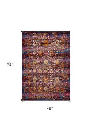 Homeroots 4' X 6' Stylish Blue, Yellow & Red Floral Distressed Area Rug - Durable, Stain Resistant & Versatile!  Polypropylene 553366