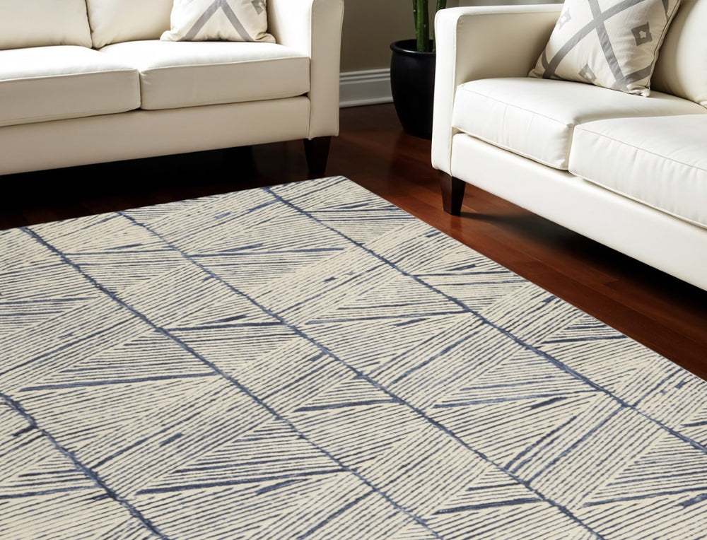HomeRoots 8' Blue and White Wool Geometric Area Rug - Modern Style, Stain-Resistant, Plush Comfort for Homes 8' X 10' 553378