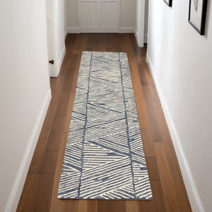 Homeroots 8' Blue And White Wool Abstract Runner Rug - Chic Modern Accent For Hallways, Laundry, And More!  Wool 553380