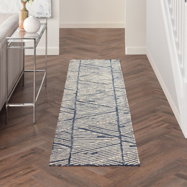 HomeRoots 8' Blue and White Abstract Wool Runner Rug - Modern Design for Hallways, Kitchens, and Entryways 553380