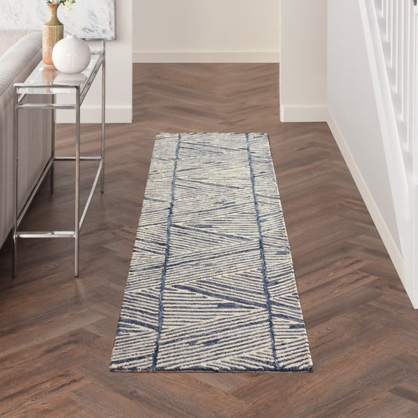 Homeroots 8' Blue And White Wool Abstract Runner Rug - Chic Modern Accent For Hallways, Laundry, And More!  Wool 553380