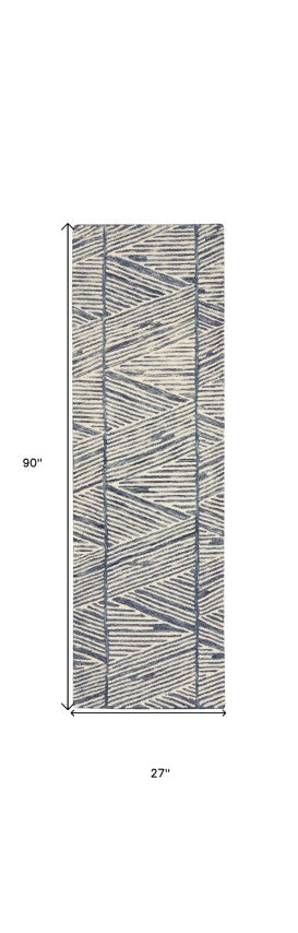 Homeroots 8' Blue And White Wool Abstract Runner Rug - Chic Modern Accent For Hallways, Laundry, And More!  Wool 553380