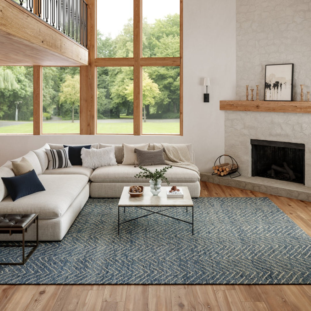 HomeRoots 8' Chevron Area Rug in Indigo and Ivory - Luxurious Wool Design for Modern Living Spaces and Comfort 8' X 12' 553384