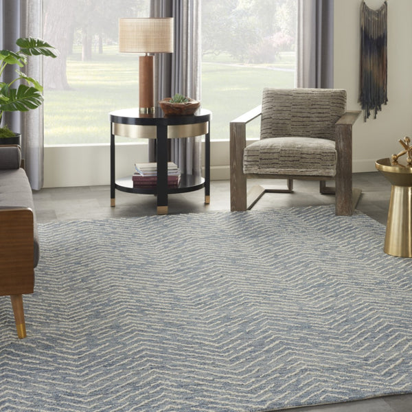Homeroots 8' Wool Chevron Area Rug In Indigo And Ivory - Modern Artistry To Enhance Your Living Space Elegantly 8' X 12' Wool 553384