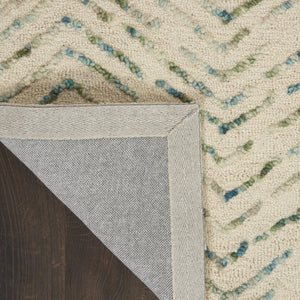 HomeRoots 8' Luxurious Wool Chevron Area Rug in Ivory, Blue & Green – Perfect for Modern Living Spaces! 8' X 12' 553385