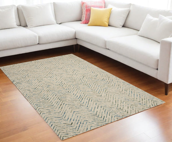 Homeroots 8' Modern Ivory Blue And Green Wool Chevron Area Rug - Perfect For Enhancing Your Home's Style 8' X 12' Wool 553385