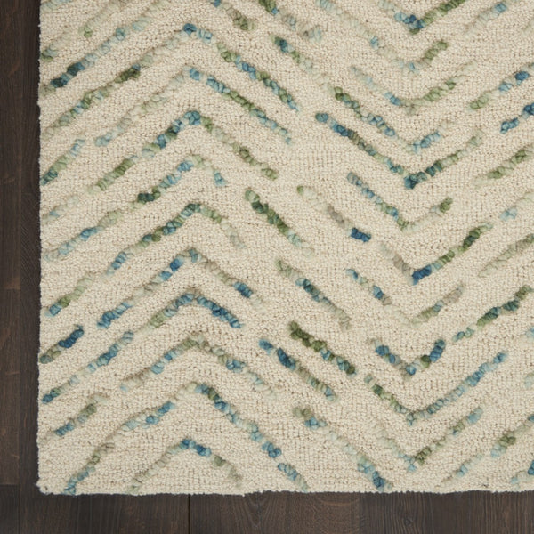 HomeRoots 8' Luxurious Wool Chevron Area Rug in Ivory, Blue & Green – Perfect for Modern Living Spaces! 8' X 12' 553385