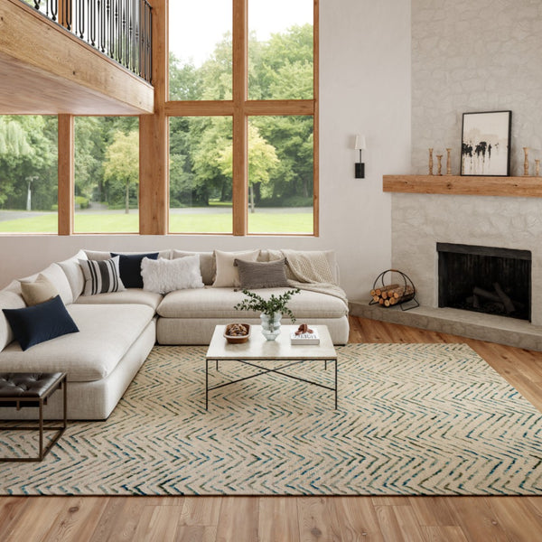 HomeRoots 8' Luxurious Wool Chevron Area Rug in Ivory, Blue & Green – Perfect for Modern Living Spaces! 8' X 12' 553385