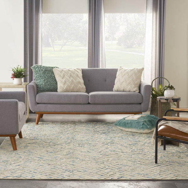 HomeRoots 8' Luxurious Wool Chevron Area Rug in Ivory, Blue & Green – Perfect for Modern Living Spaces! 8' X 12' 553385
