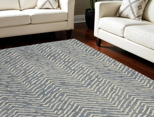 Homeroots 8' Wool Chevron Area Rug In Indigo And Ivory - Modern Artistry To Enhance Your Living Space Elegantly 8' X 10' Wool 553386