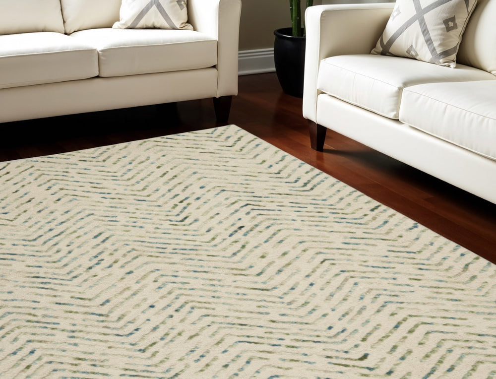 HomeRoots 8' Luxurious Wool Chevron Area Rug in Ivory, Blue & Green – Perfect for Modern Living Spaces! 8' X 10' 553387