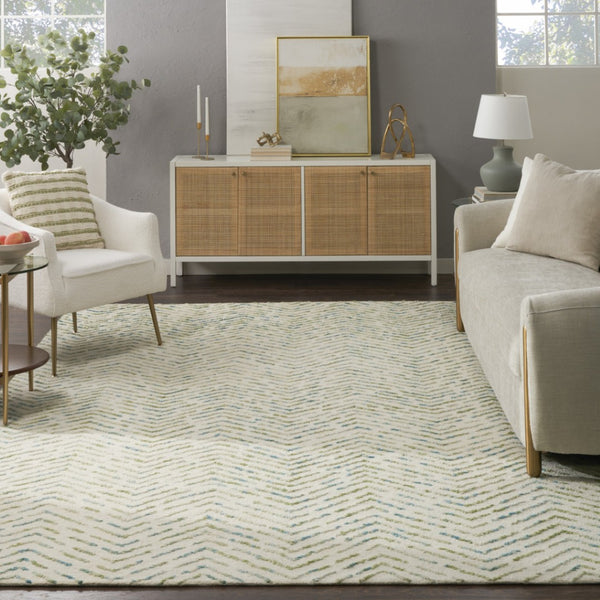 HomeRoots 8' Luxurious Wool Chevron Area Rug in Ivory, Blue & Green – Perfect for Modern Living Spaces! 8' X 10' 553387