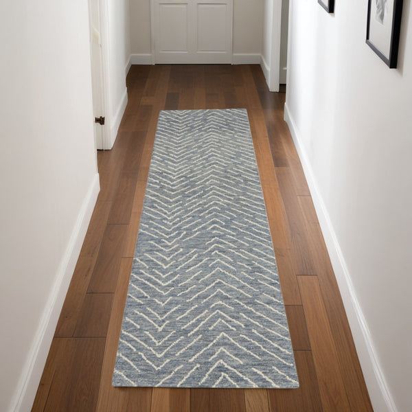 Homeroots 8' Indigo And Ivory Wool Chevron Runner Rug - Modern Design For Hallways, Laundry & Cozy Spaces  Wool 553388