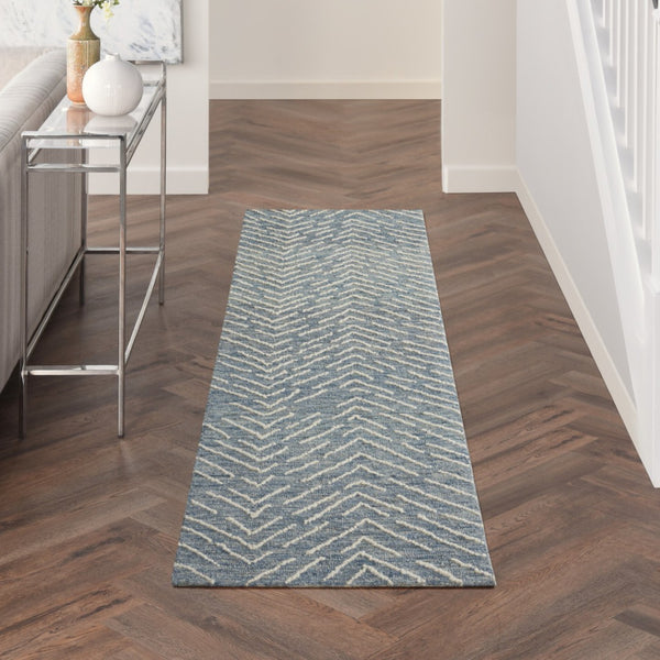 HomeRoots 8' Indigo and Ivory Wool Chevron Runner Rug - Modern Style for High-Traffic Areas, Easy Care & Comfort 553388