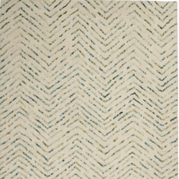 Homeroots 8' Modern Ivory Blue And Green Wool Chevron Area Rug - Perfect For Enhancing Your Home's Style 5' X 7' Wool 553390