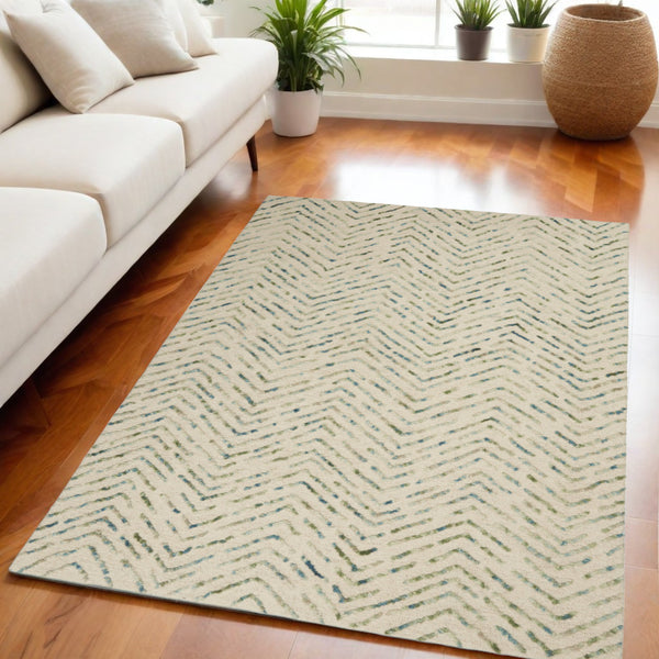 Homeroots 8' Modern Ivory Blue And Green Wool Chevron Area Rug - Perfect For Enhancing Your Home's Style 5' X 7' Wool 553390