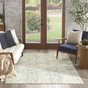 HomeRoots 8' Luxurious Wool Chevron Area Rug in Ivory, Blue & Green – Perfect for Modern Living Spaces! 5' X 7' 553390