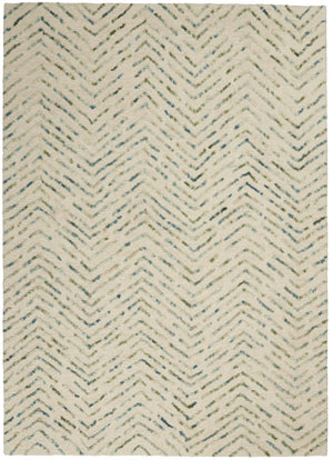 HomeRoots 8' Luxurious Wool Chevron Area Rug in Ivory, Blue & Green – Perfect for Modern Living Spaces! 5' X 7' 553390