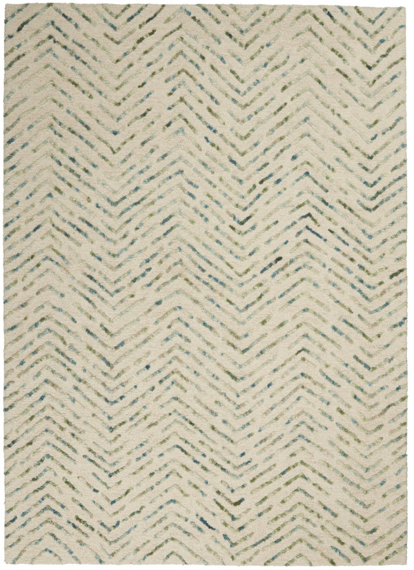 HomeRoots 8' Luxurious Wool Chevron Area Rug in Ivory, Blue & Green – Perfect for Modern Living Spaces! 5' X 7' 553390